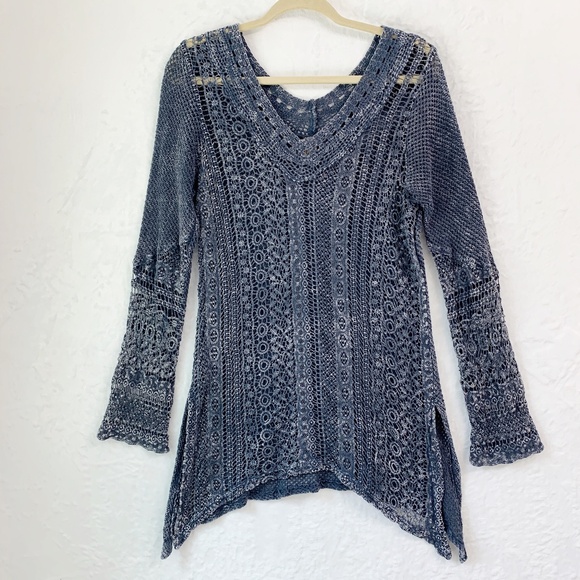 XCVI Crochet Open Knit Asymmetrical Hem Tunic Washed Indigo Sz S - Picture 1 of 10